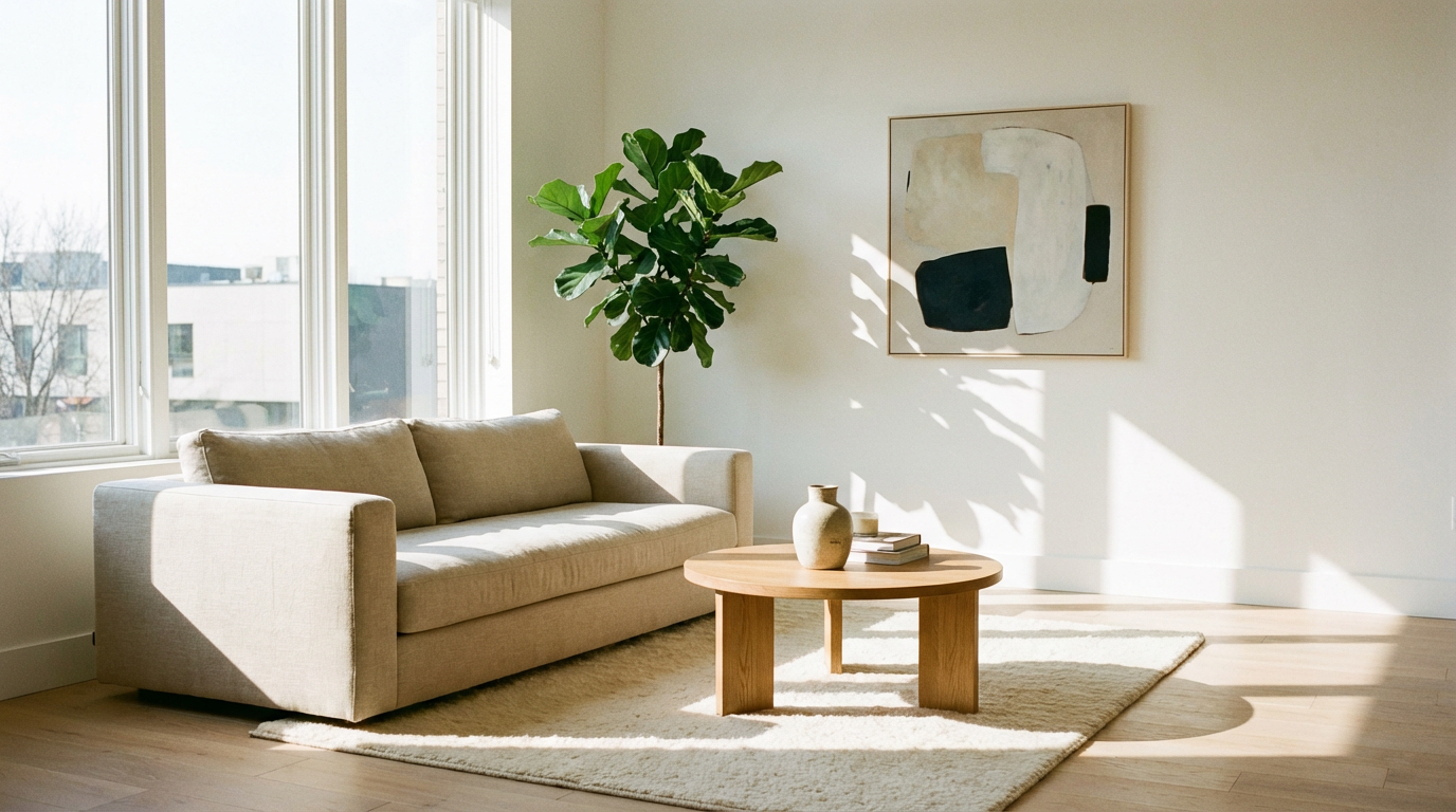 A minimalist living room with a beige sofa, wooden coffee table, and a tall green plant.